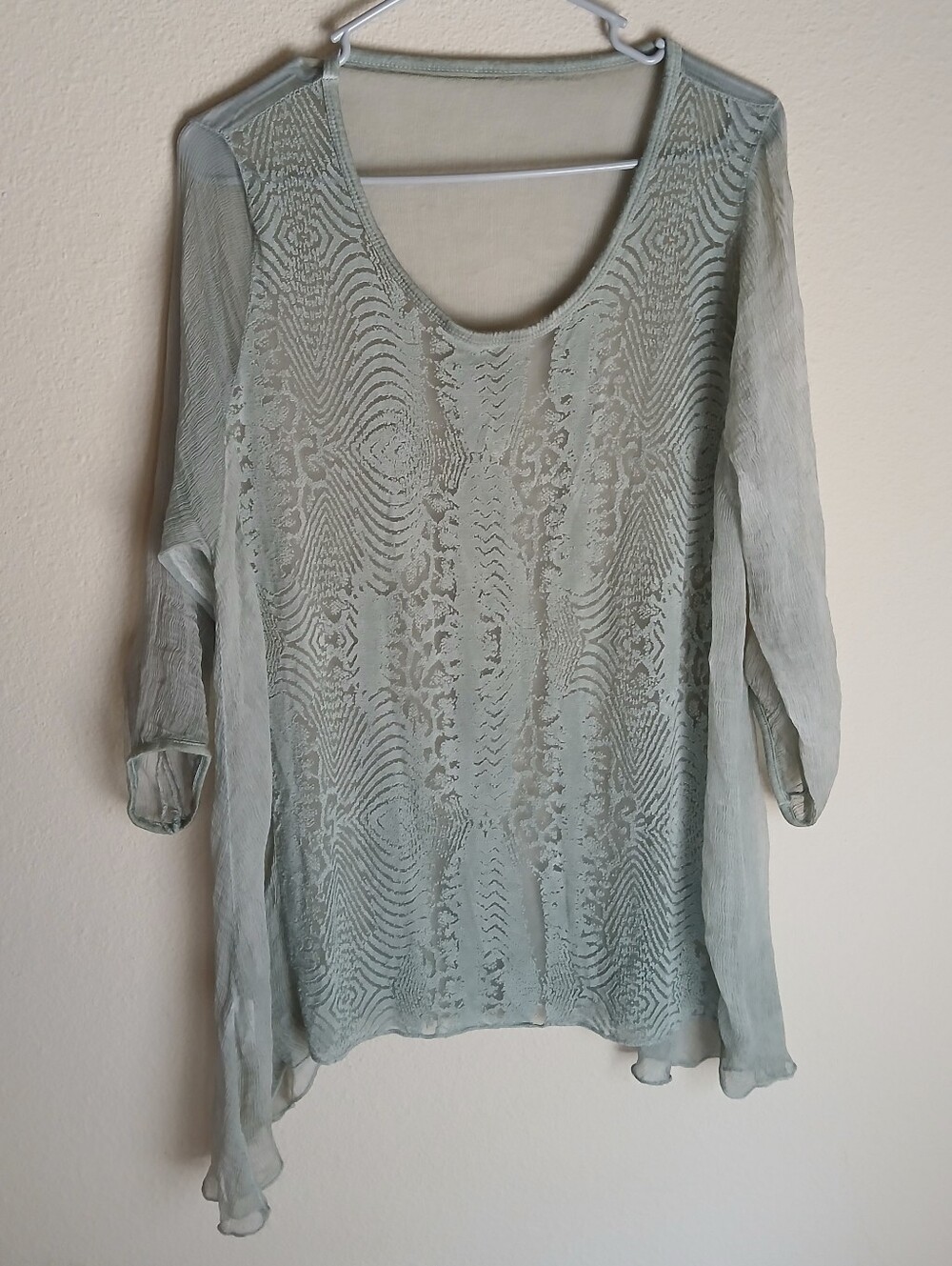 Made in Italy Silk Blend Light Sage Sheer Animal Print Tunic Top